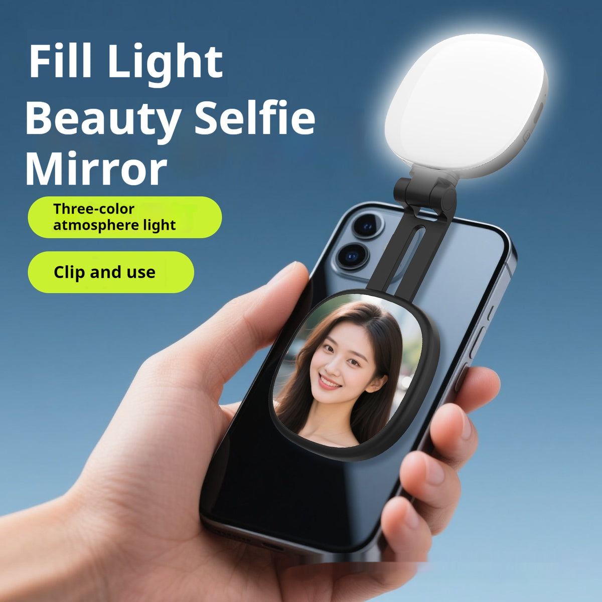 Magnetic selfie LED fill light with built-in makeup mirror for phones