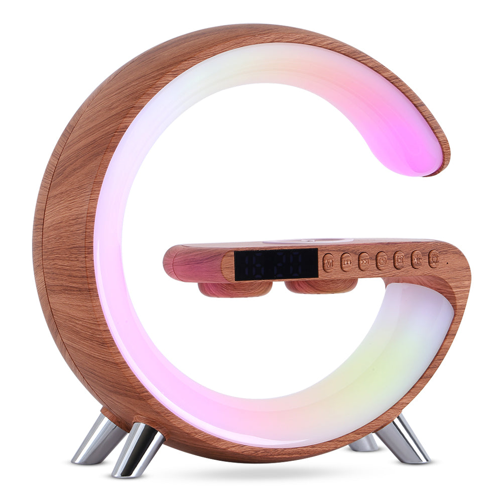 Smart G-Shaped LED Lamp with Bluetooth Speaker, Wireless Charger, and App Control - Perfect for Bedroom and Home Decor