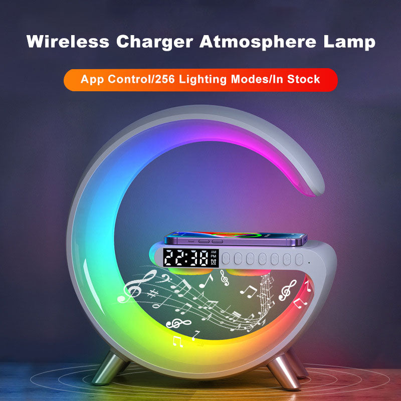 Smart G-Shaped LED Lamp with Bluetooth Speaker, Wireless Charger, and App Control - Perfect for Bedroom and Home Decor