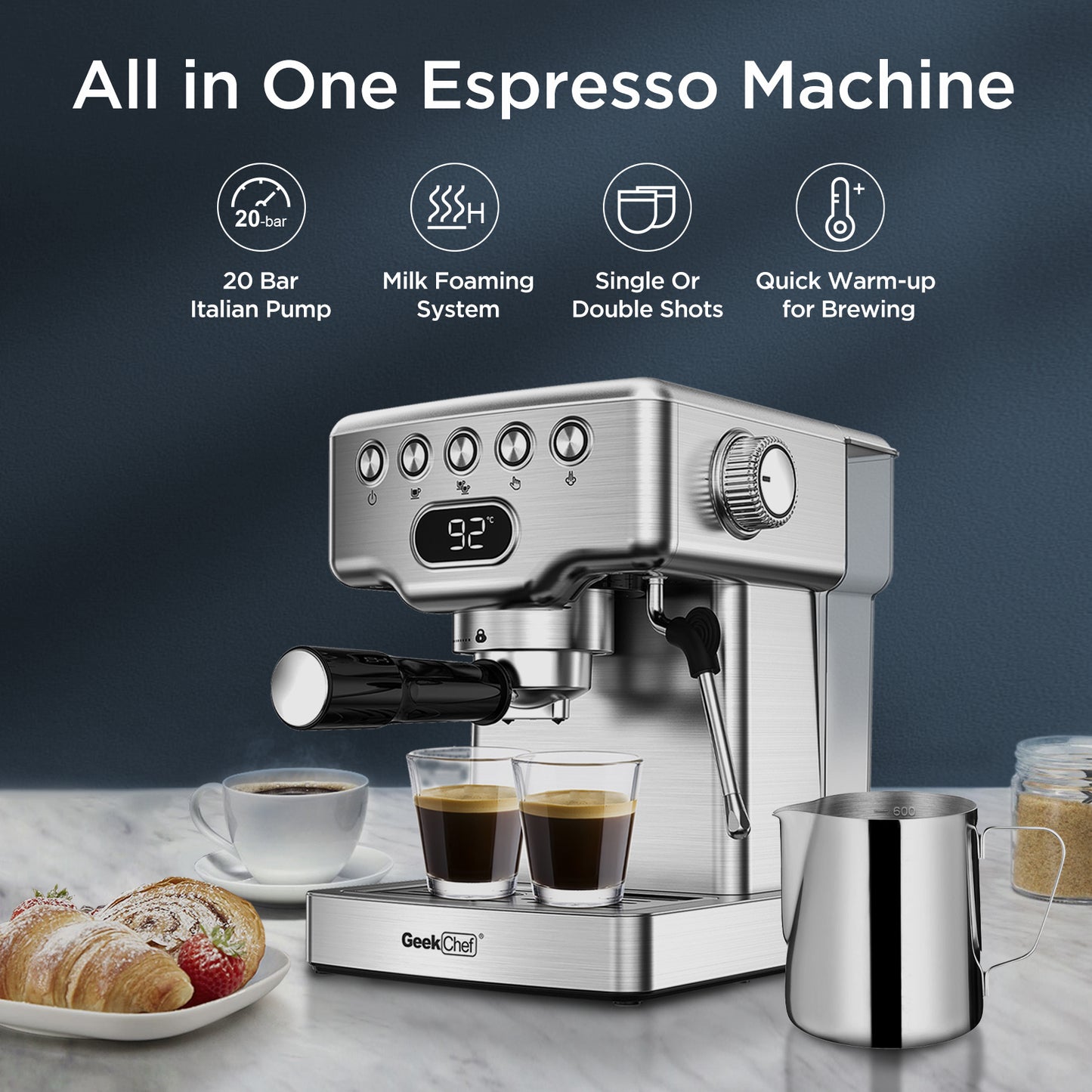 Geek Chef Espresso Machine - 20 Bar Espresso Machine With Milk Frother For Latte, Cappuccino, Macchiato