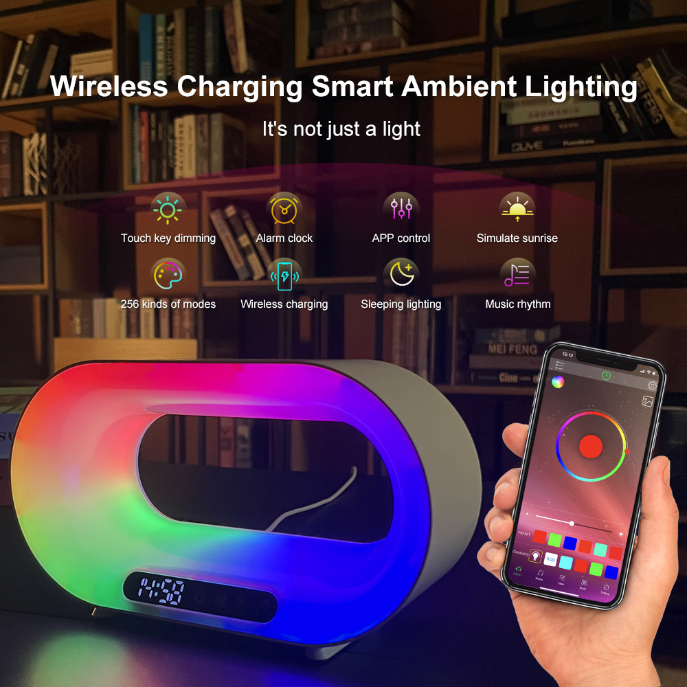 3-in-1 Smart LED Night Light: RGB Desk Lamp, Wireless Charger & Alarm Clock with App Control
