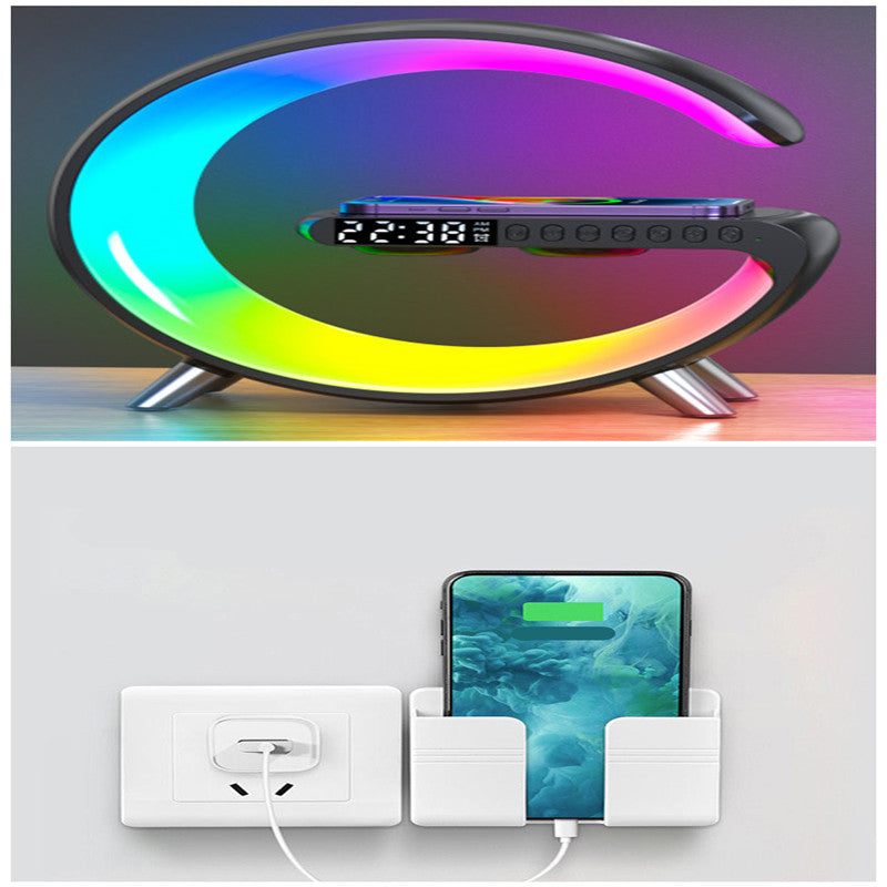 Smart G-Shaped LED Lamp with Bluetooth Speaker, Wireless Charger, and App Control - Perfect for Bedroom and Home Decor