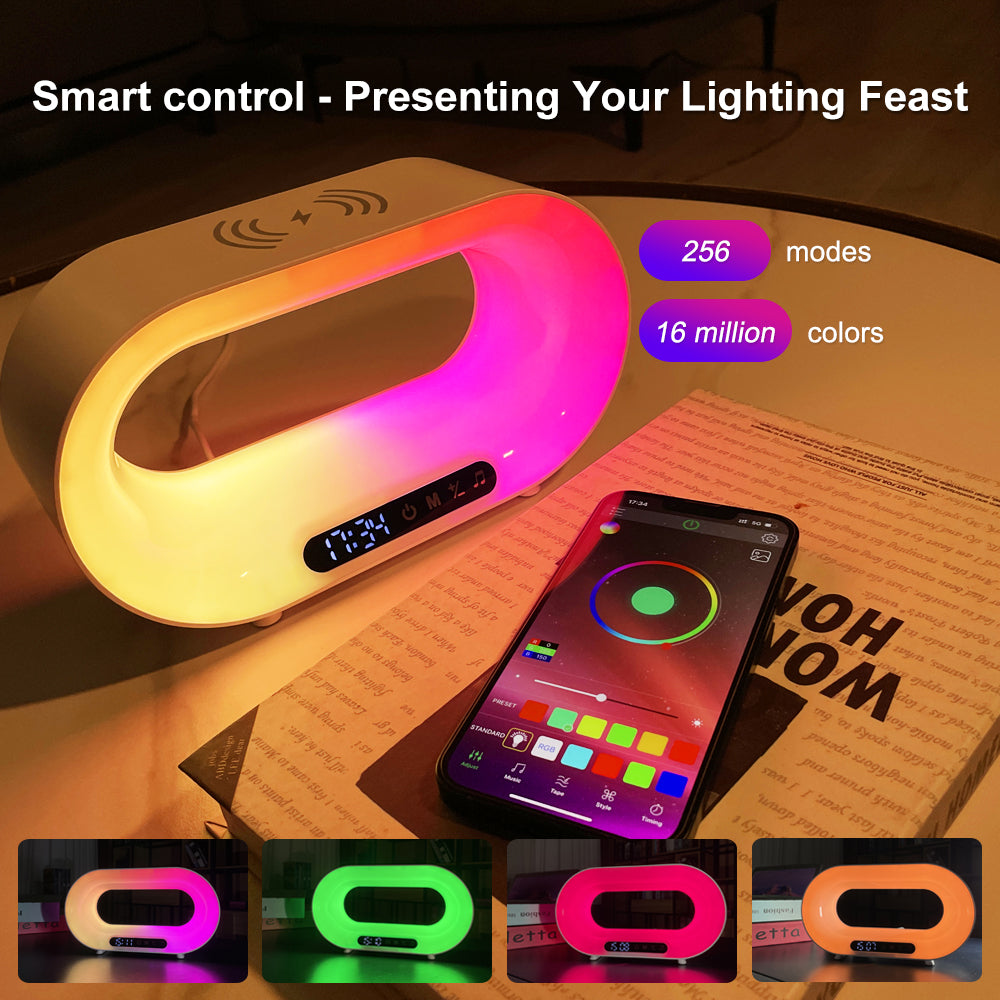 3-in-1 Smart LED Night Light: RGB Desk Lamp, Wireless Charger & Alarm Clock with App Control