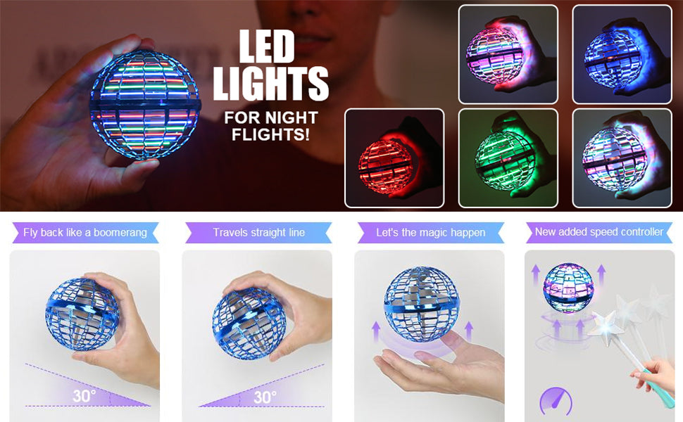Flying Orb Ball with Magic Wand, Light Up Fidget Spinner, Glow in The Dark, Hand Operated Drones for Kids