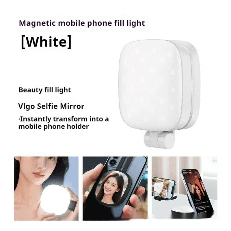 White magnetic selfie LED light with built-in makeup mirror