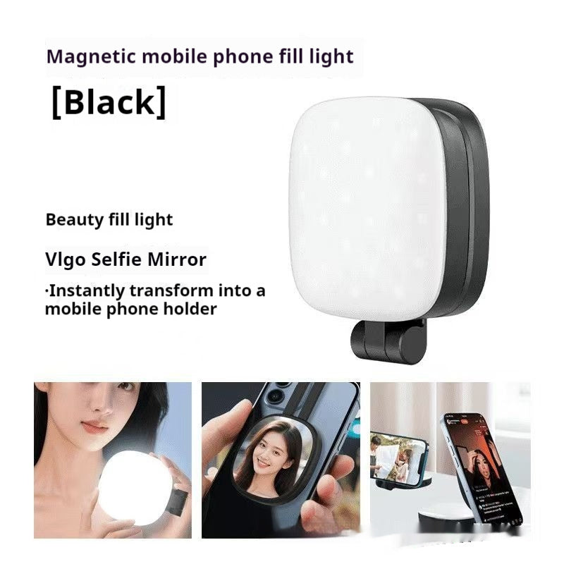 Black magnetic selfie LED light with built-in makeup mirror