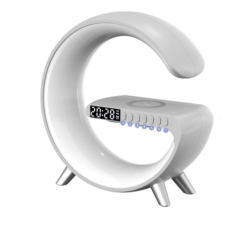 Smart G-Shaped LED Lamp with Bluetooth Speaker, Wireless Charger, and App Control - Perfect for Bedroom and Home Decor