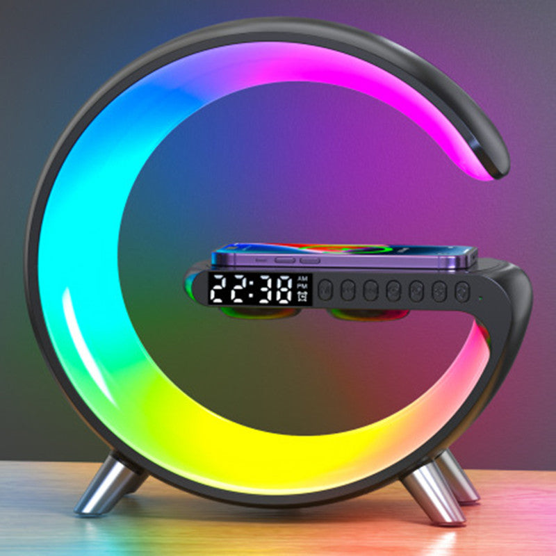Smart G-Shaped LED Lamp with Bluetooth Speaker, Wireless Charger, and App Control - Perfect for Bedroom and Home Decor
