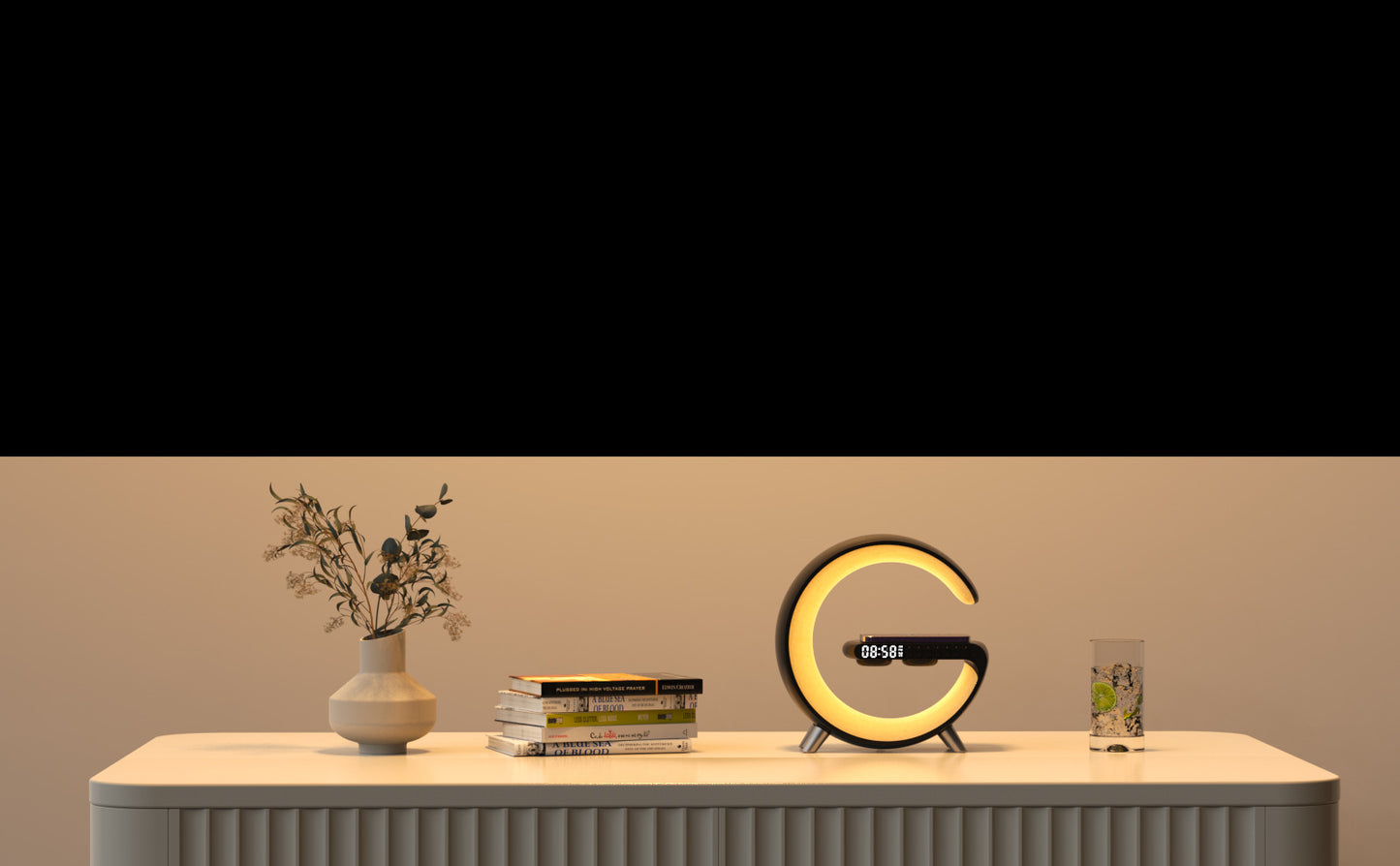 Smart G-Shaped LED Lamp with Bluetooth Speaker, Wireless Charger, and App Control - Perfect for Bedroom and Home Decor