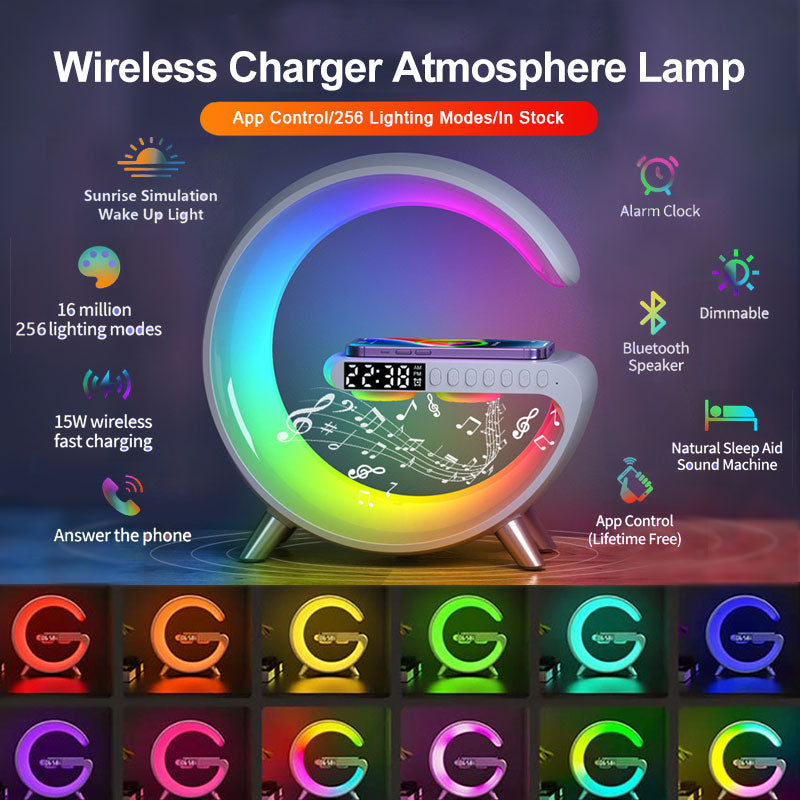 Smart G-Shaped LED Lamp with Bluetooth Speaker, Wireless Charger, and App Control - Perfect for Bedroom and Home Decor