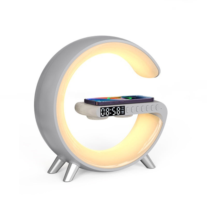 Smart G-Shaped LED Lamp with Bluetooth Speaker, Wireless Charger, and App Control - Perfect for Bedroom and Home Decor