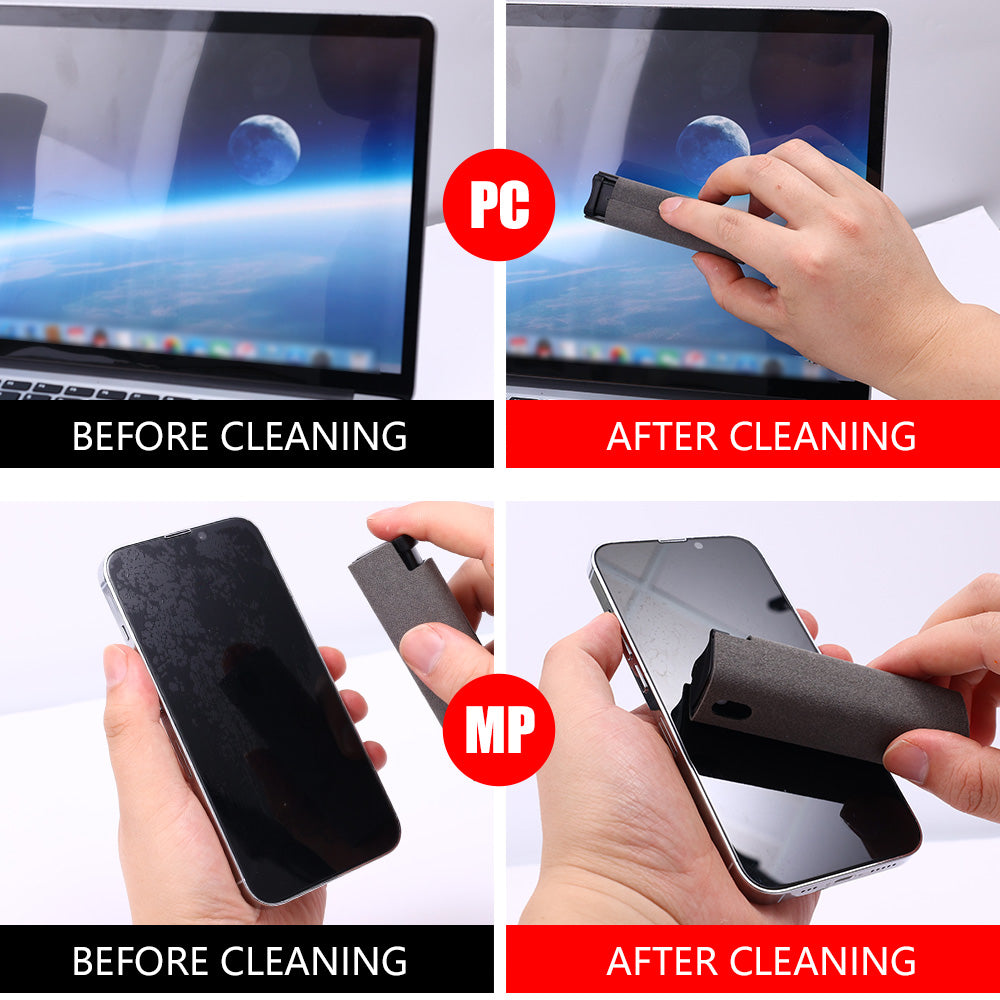 Compact spray and wipe screen cleaner for mobile phones