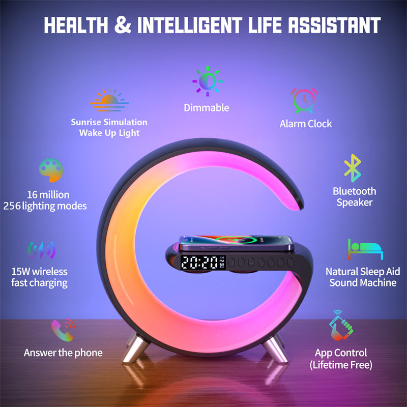 Smart G-Shaped LED Lamp with Bluetooth Speaker, Wireless Charger, and App Control - Perfect for Bedroom and Home Decor