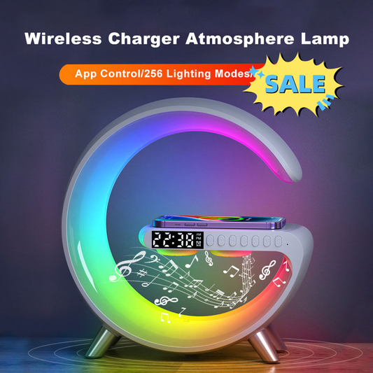 Smart G-Shaped LED Lamp with Bluetooth Speaker, Wireless Charger, and App Control - Perfect for Bedroom and Home Decor