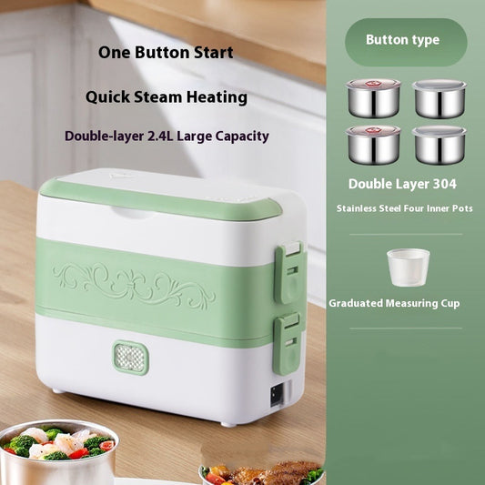 Mint green and white 2.4L double-layer electric lunch box with stainless-steel inner pots and measuring cup
